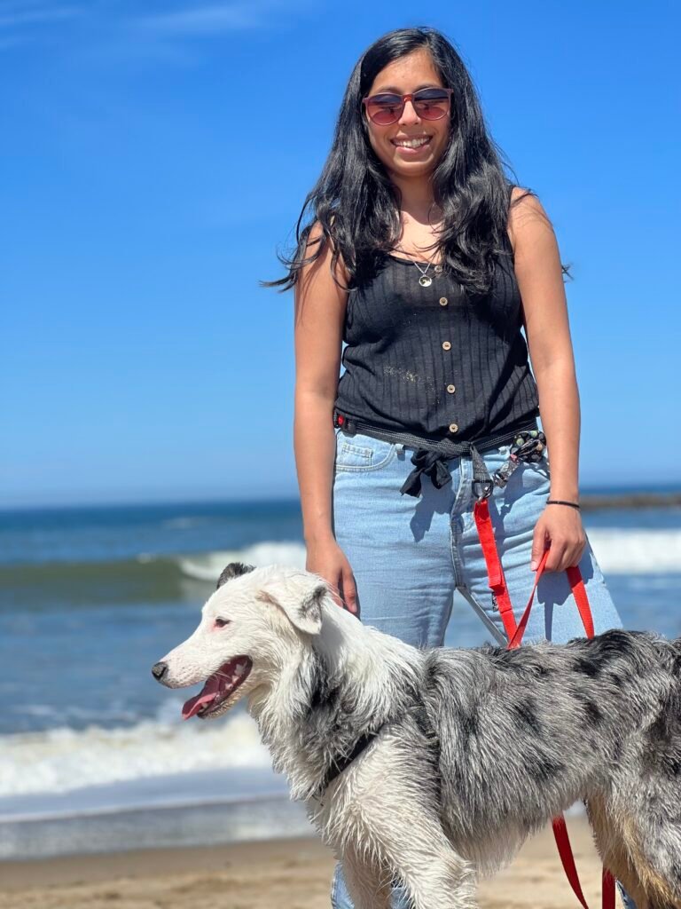 photographer female with merle border collie on a beach, waves, sand, water